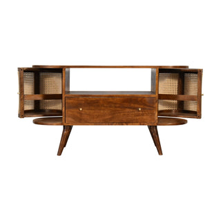 Cana Media Unit Chestnut Mango Wood Natural Rattan Woven Cabinet Doors with Nordic Tapered Legs