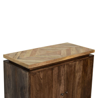 Stratum Sideboard Cabinet Dark Walnut Chevron Parquet Top Twin-Door Tapered Legs