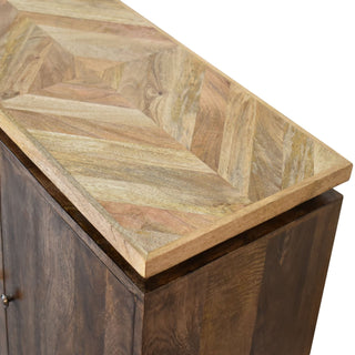 Stratum Sideboard Cabinet Dark Walnut Chevron Parquet Top Twin-Door Tapered Legs