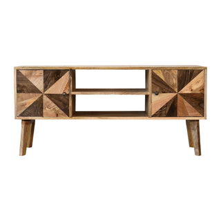 Prism Media Unit Mixed Wood 3D Faceted Angular Door Panels with Open Shelf & Nordic Legs