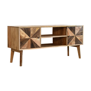 Prism Media Unit Mixed Wood 3D Faceted Angular Door Panels with Open Shelf & Nordic Legs
