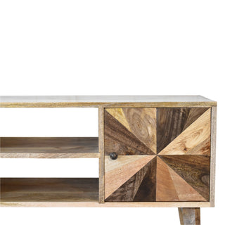 Prism Media Unit Mixed Wood 3D Faceted Angular Door Panels with Open Shelf & Nordic Legs