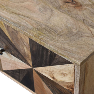 Prism Media Unit Mixed Wood 3D Faceted Angular Door Panels with Open Shelf & Nordic Legs