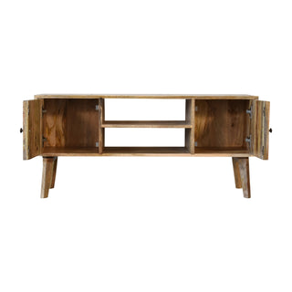 Prism Media Unit Mixed Wood 3D Faceted Angular Door Panels with Open Shelf & Nordic Legs