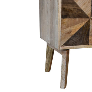 Prism Media Unit Mixed Wood 3D Faceted Angular Door Panels with Open Shelf & Nordic Legs