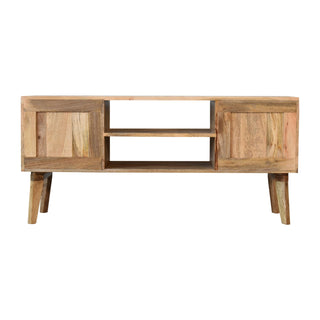 Prism Media Unit Mixed Wood 3D Faceted Angular Door Panels with Open Shelf & Nordic Legs