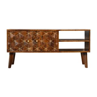 Luxe Media Unit Chestnut Mango Wood All-Over Diamond Brass Inlay Carved Doors with Nordic Legs