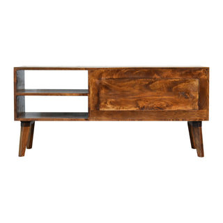 Luxe Media Unit Chestnut Mango Wood All-Over Diamond Brass Inlay Carved Doors with Nordic Legs
