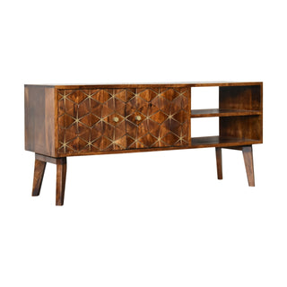 Luxe Media Unit Chestnut Mango Wood All-Over Diamond Brass Inlay Carved Doors with Nordic Legs