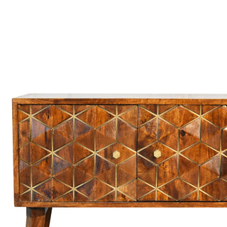 Luxe Media Unit Chestnut Mango Wood All-Over Diamond Brass Inlay Carved Doors with Nordic Legs