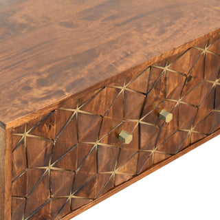 Luxe Media Unit Chestnut Mango Wood All-Over Diamond Brass Inlay Carved Doors with Nordic Legs