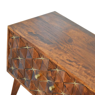 Luxe Media Unit Chestnut Mango Wood All-Over Diamond Brass Inlay Carved Doors with Nordic Legs