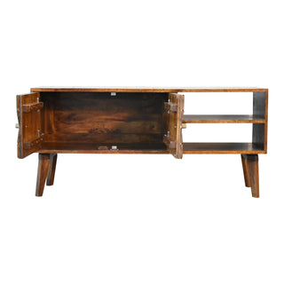 Luxe Media Unit Chestnut Mango Wood All-Over Diamond Brass Inlay Carved Doors with Nordic Legs