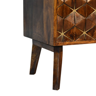 Luxe Media Unit Chestnut Mango Wood All-Over Diamond Brass Inlay Carved Doors with Nordic Legs