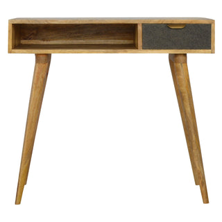 Greyson Writing Desk Solid Wood Grey Tweed Drawer With Gold Bar Handle