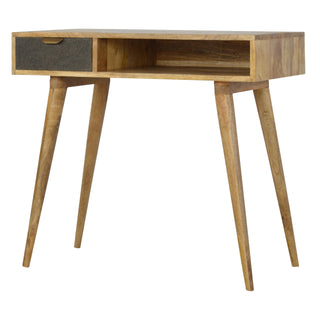 Greyson Writing Desk Solid Wood Grey Tweed Drawer With Gold Bar Handle