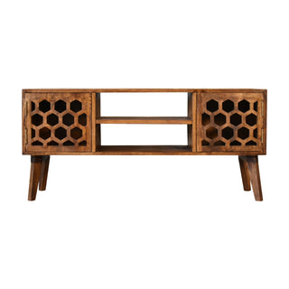 Harlow Media Unit Chestnut Finish Carved Honeycomb Doors