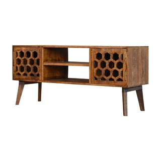 Harlow Media Unit Chestnut Finish Carved Honeycomb Doors