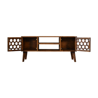 Harlow Media Unit Chestnut Finish Carved Honeycomb Doors