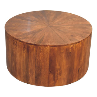 Keg Round Coffee Table Solid Wood Full Drum Body Sunburst Grain Chestnut