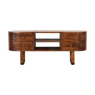 Deco TV Media Unit Natural Oak Mango Wood Oval Body Twin Drawers with U-Shape Sled Legs