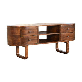 Deco TV Media Unit Natural Oak Mango Wood Oval Body Twin Drawers with U-Shape Sled Legs