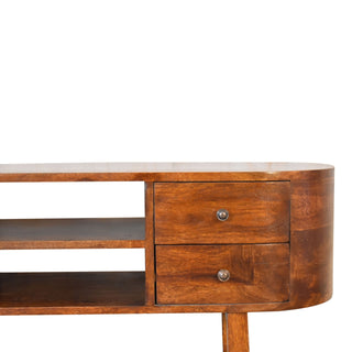 Deco TV Media Unit Natural Oak Mango Wood Oval Body Twin Drawers with U-Shape Sled Legs