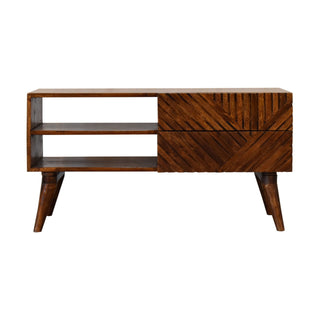 Herron Media Unit Chestnut Mango Wood Herringbone Carved Drawer Fronts No-Knob with Nordic Legs