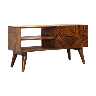 Herron Media Unit Chestnut Mango Wood Herringbone Carved Drawer Fronts No-Knob with Nordic Legs