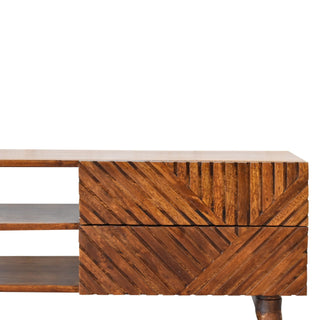 Herron Media Unit Chestnut Mango Wood Herringbone Carved Drawer Fronts No-Knob with Nordic Legs