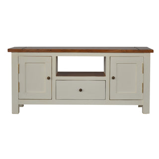 Cream TV Media Unit White Mango Wood & Honey Acacia Top Two-Tone Cabinet Doors with Farmhouse Feet