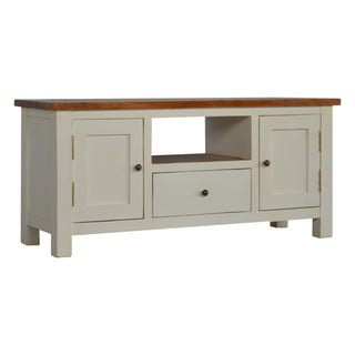 Cream TV Media Unit White Mango Wood & Honey Acacia Top Two-Tone Cabinet Doors with Farmhouse Feet