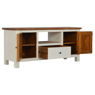 Cream TV Media Unit White Mango Wood & Honey Acacia Top Two-Tone Cabinet Doors with Farmhouse Feet