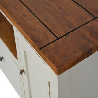 Cream TV Media Unit White Mango Wood & Honey Acacia Top Two-Tone Cabinet Doors with Farmhouse Feet