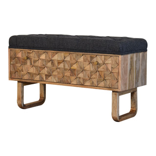 Moxo Hallway Storage Bench Charcoal Tweed Tufted Seat Hand-Carved Mosaic Panel Sled Base