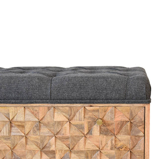 Moxo Hallway Storage Bench Charcoal Tweed Tufted Seat Hand-Carved Mosaic Panel Sled Base