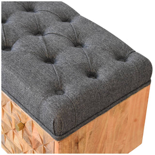 Moxo Hallway Storage Bench Charcoal Tweed Tufted Seat Hand-Carved Mosaic Panel Sled Base