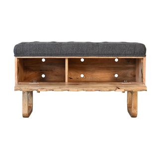 Moxo Hallway Storage Bench Charcoal Tweed Tufted Seat Hand-Carved Mosaic Panel Sled Base