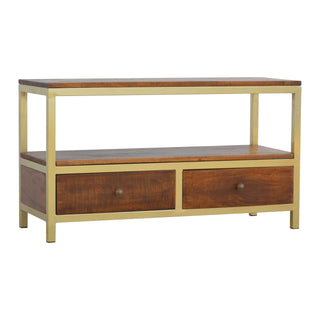 Caden Media Unit Chestnut Mango Wood Twin Drawers with Gold Metal Frame Base & Open Shelf