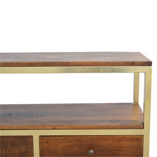 Caden Media Unit Chestnut Mango Wood Twin Drawers with Gold Metal Frame Base & Open Shelf
