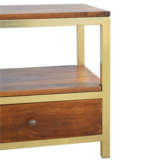 Caden Media Unit Chestnut Mango Wood Twin Drawers with Gold Metal Frame Base & Open Shelf