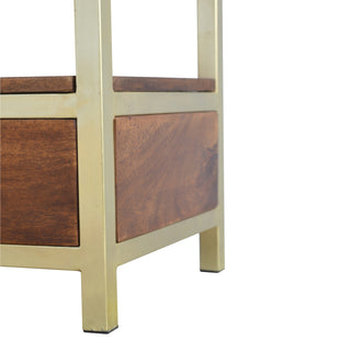 Caden Media Unit Chestnut Mango Wood Twin Drawers with Gold Metal Frame Base & Open Shelf