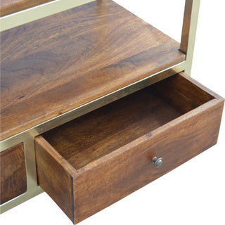Caden Media Unit Chestnut Mango Wood Twin Drawers with Gold Metal Frame Base & Open Shelf