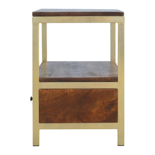 Caden Media Unit Chestnut Mango Wood Twin Drawers with Gold Metal Frame Base & Open Shelf