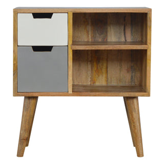 Pixel Display Cabinet Open-Cubby Grey White Painted Drawers Natural Oak Frame