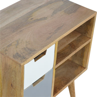 Pixel Display Cabinet Open-Cubby Grey White Painted Drawers Natural Oak Frame