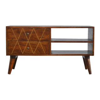Kite Media Unit Chestnut Mango Wood Diamond Gold Brass Inlay Drawers with Scandinavian Legs