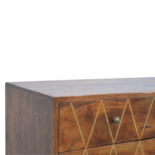 Kite Media Unit Chestnut Mango Wood Diamond Gold Brass Inlay Drawers with Scandinavian Legs