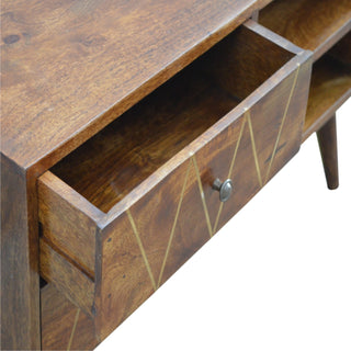 Kite Media Unit Chestnut Mango Wood Diamond Gold Brass Inlay Drawers with Scandinavian Legs