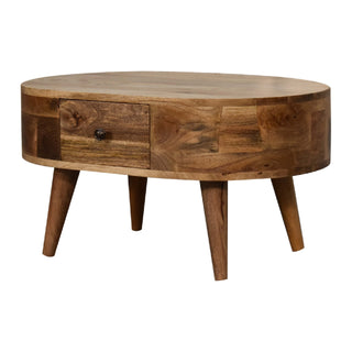 Pebble Small Coffee Table Oval Solid Mango Wood Single Drawer Nordic Legs